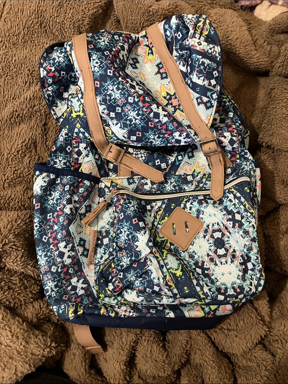 Navy Aztec Print Canvas Backpack with Tan Accents